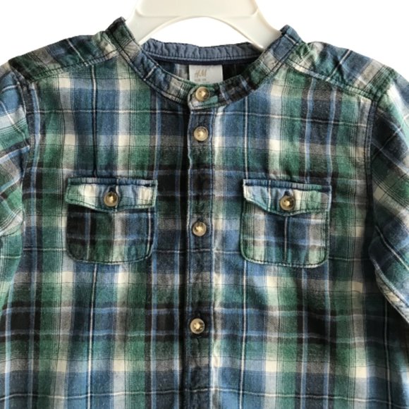 H&M Plaid Band Collar Henley Button Cotton Shirt - Picture 4 of 10